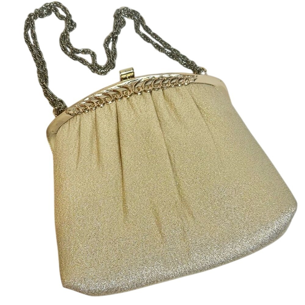 Vintage Purse Women's Gold Lame' Metal Chain Satin Interior Gold Hardware